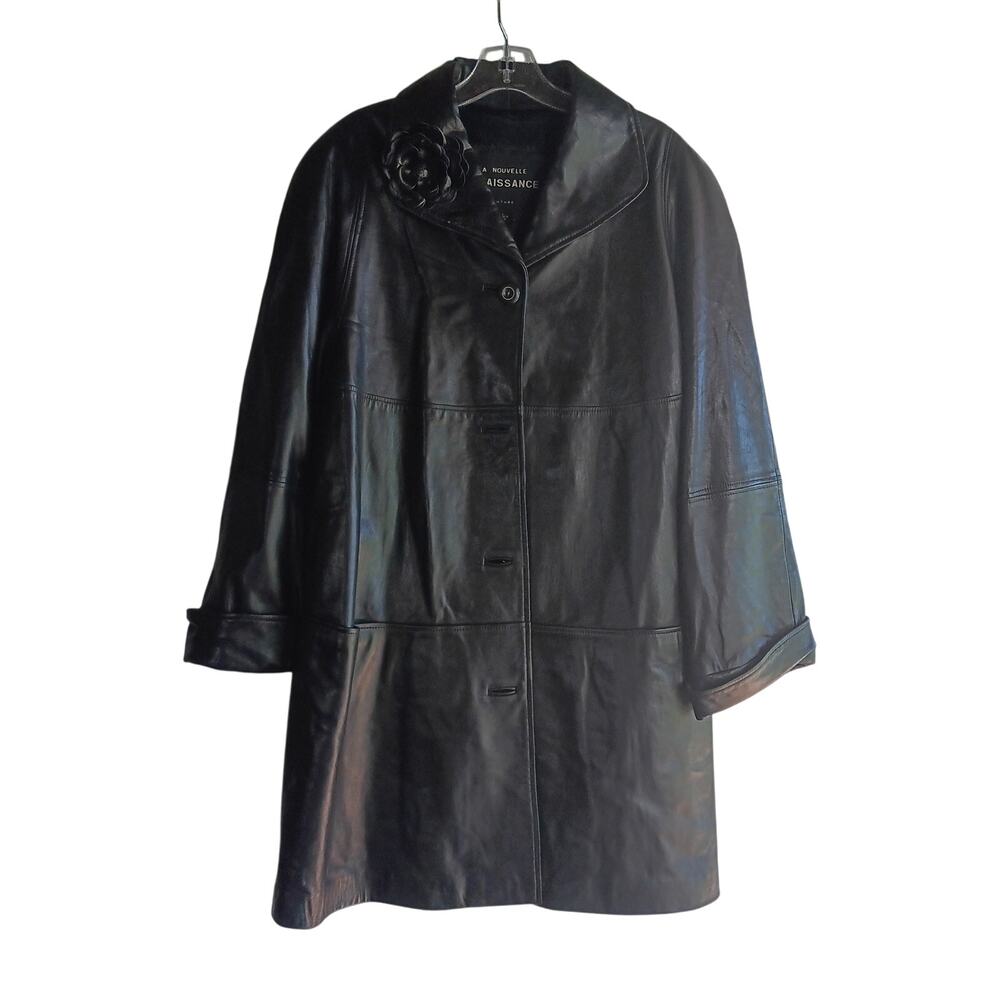 EUC La Nouvelle Renaissance Women's L Black Leather Knee Length Coat Jacket